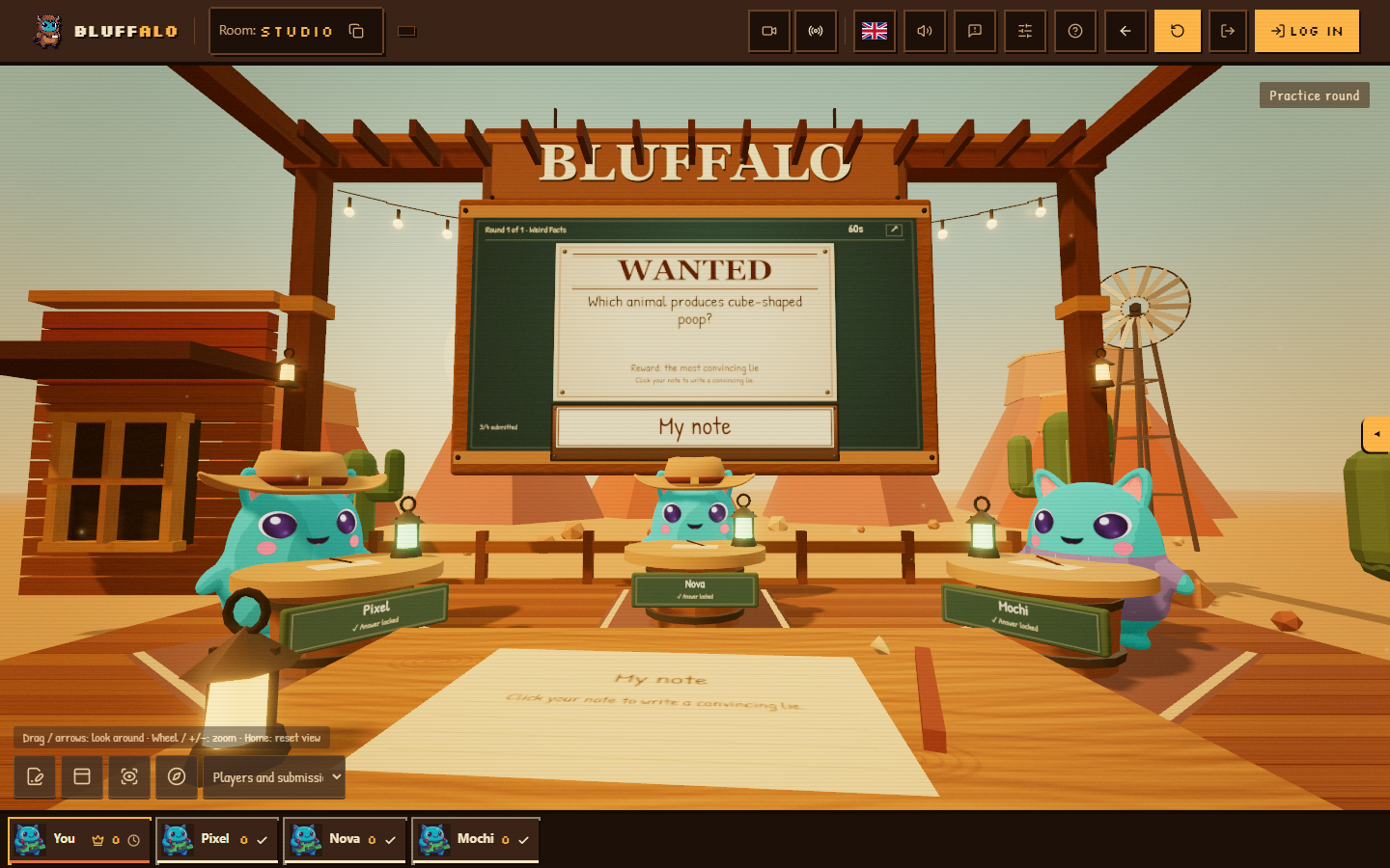 Players in cowboy hats facing the question board in Bluffalo