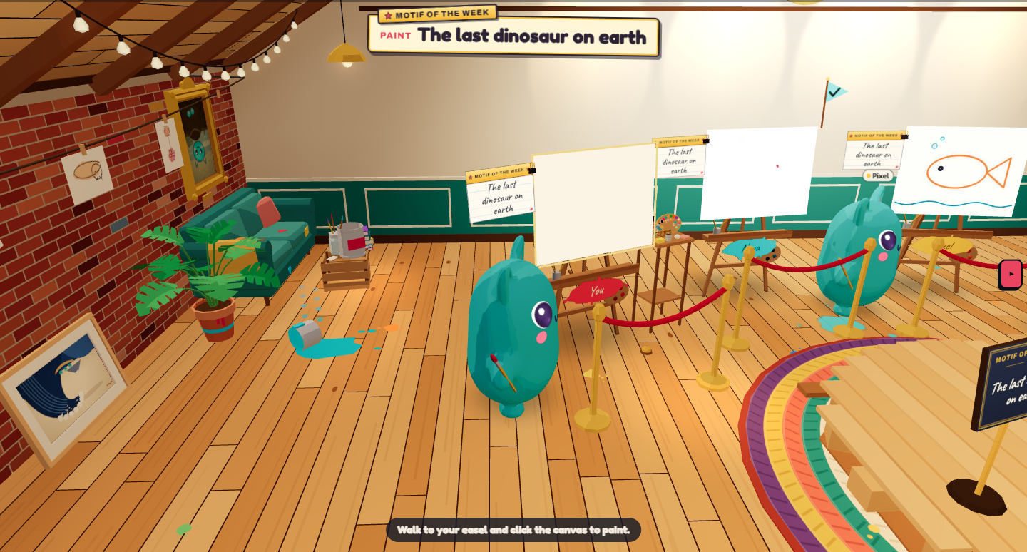 Easels and player avatars in the CanvasChaos art studio
