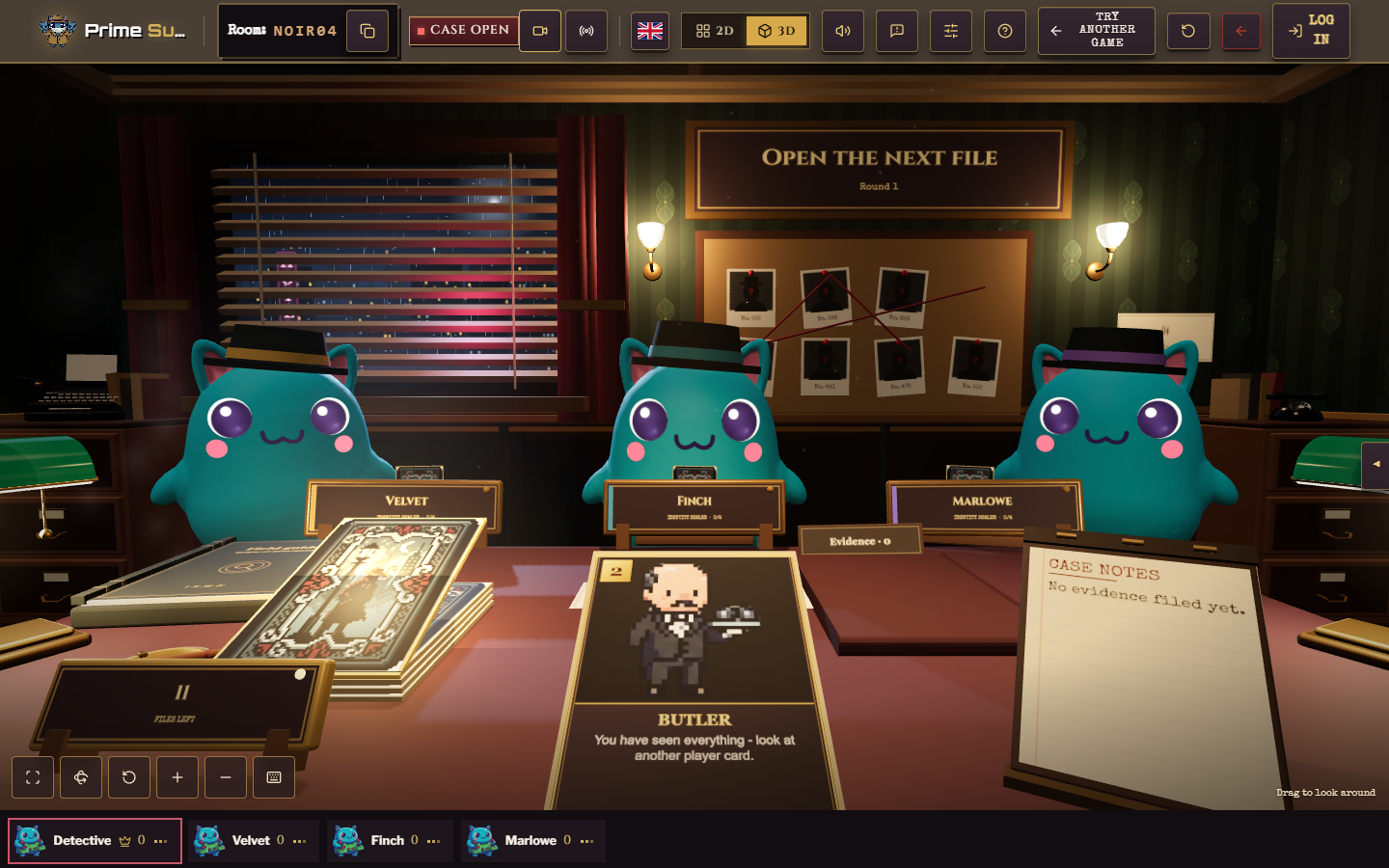 A Butler card, case notes and three suspects at the Prime Suspect table