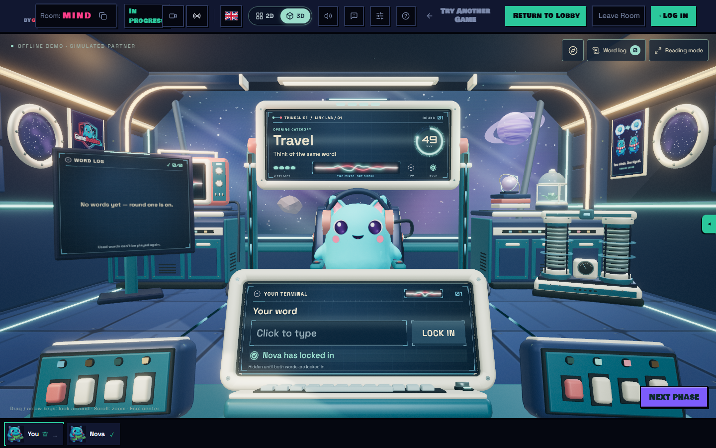 A player terminal and a headset-wearing partner on the ThinkAlike bridge