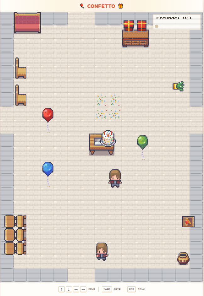 A Confetto party room — balloons, a birthday cake, gifts, and friends to talk to