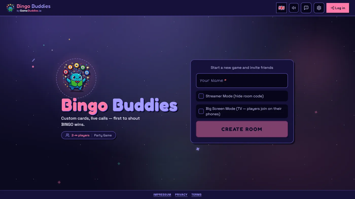 Bingo Buddies — free in the browser: create a room and friends join with a link. Bingo Buddies start screen
