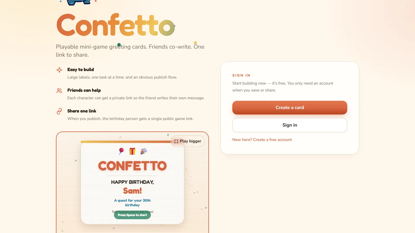 Confetto start screen